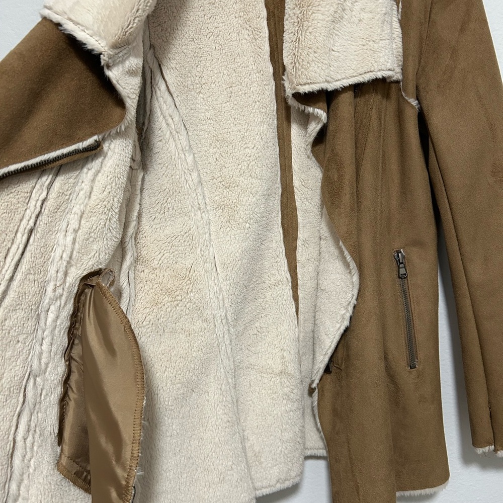 Lovestitch Faux Suede Zip Drapey Asymmetrical Jacket Faux Fur Lined Small - Picture 6 of 9